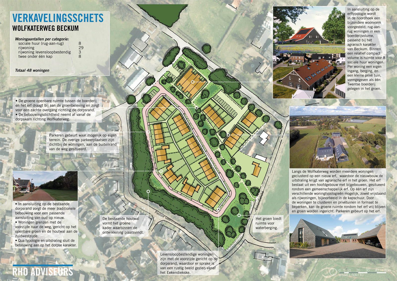 Overzichtskaart van het woningbouwprogramma Wolfkaterweg. Deze verkavelingsschets geeft onder andere aan waar woningen kunnen komen en hoe de omgeving er uit blijft zien.