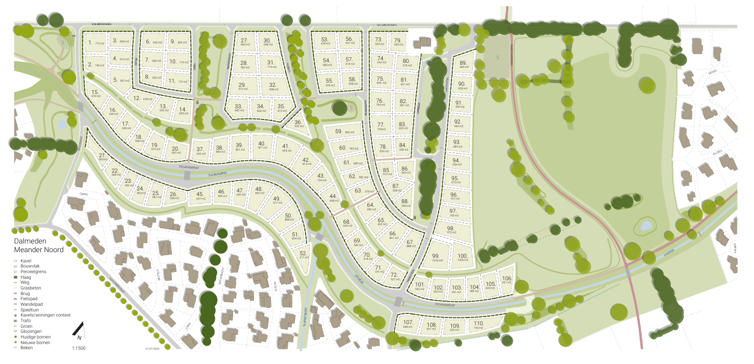 Verkaveling Meander Noord Overzichtskaart met alle kavels en groen in Dalmeden, Meander Noord.