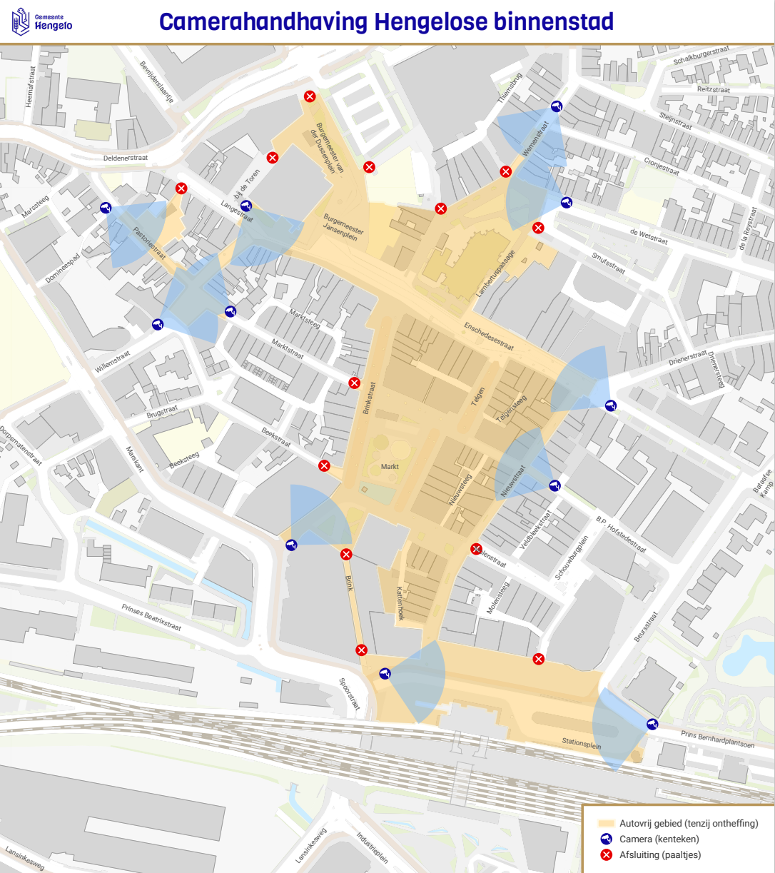 Overzichtskaart autovrij gebied in de binnenstad met de plekken waar camera's staan